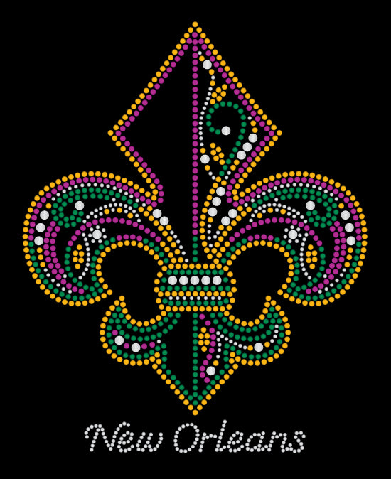 Fleur de Lis Purple Green Gold with Swirls Rhinestone Tshirt