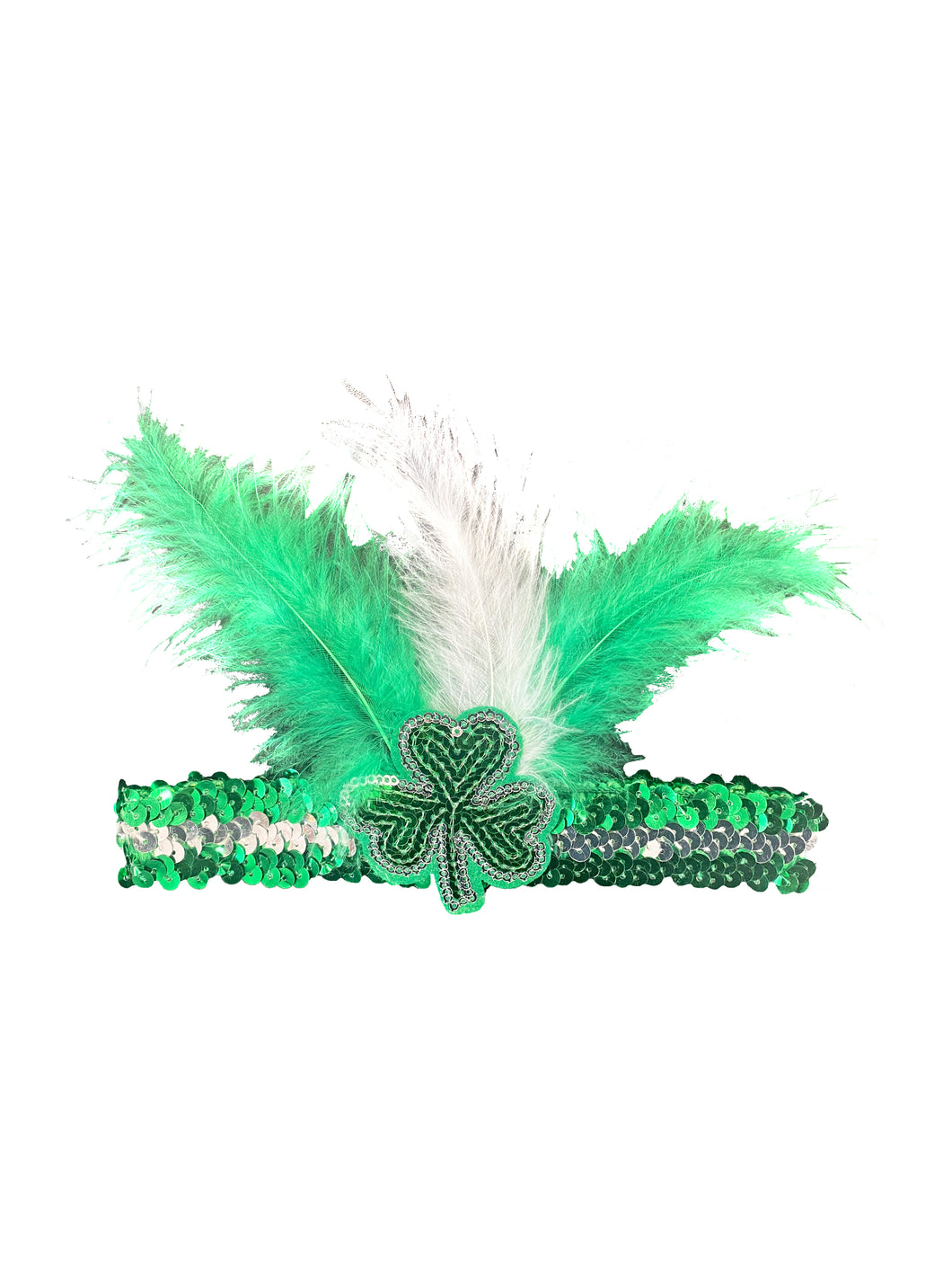 Sequin Headband with Green and Silver Shamrock and Feathers (St Pattys Day)