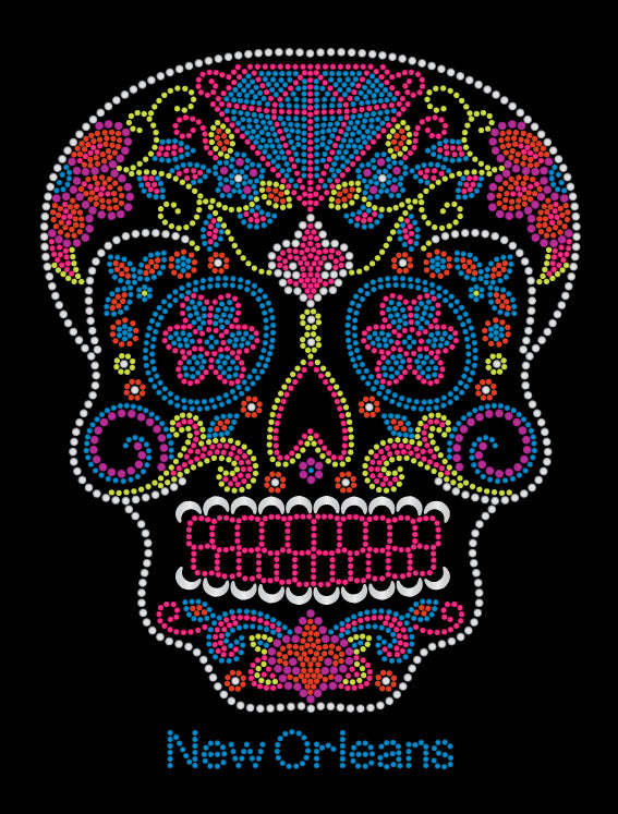 Sugar Skull Day of the Dead with Diamond and Flowers Rhinestone Tshirt