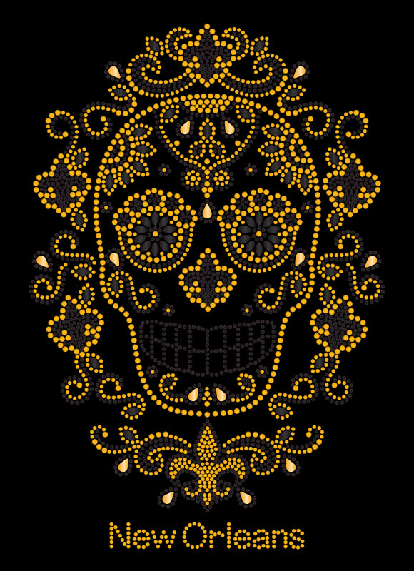 Black and Gold Sugar Skull with Surrounding Fleur de Lis Rhinestone Tshirt