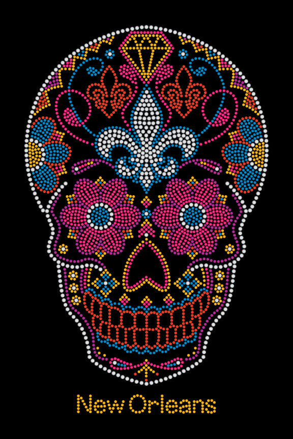 Multi Color Sugar Skull with Fleur de Lis and Flowers Rhinestone Tshirt