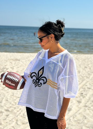 White, Black, and Gold Fleur de Lis Stripe Game Day Jersey