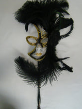 Full Face Mask with Side Flowers and Feathers with Detachable Stick- Gold Accents