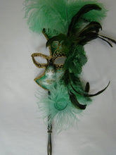 Full Face Mask with Side Flowers and Feathers with Detachable Stick- Gold Accents