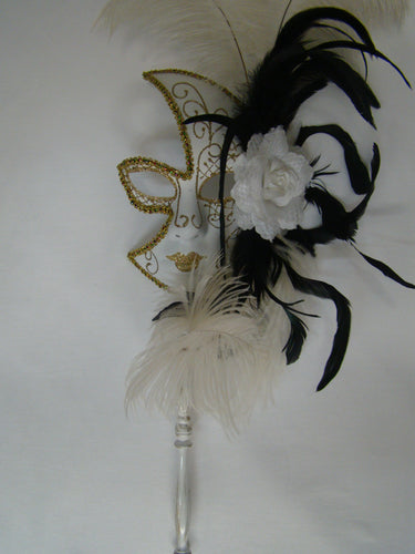 Full Face Mask with Side Flowers and Feathers with Detachable Stick- Gold Accents