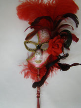 Full Face Mask with Side Flowers and Feathers with Detachable Stick- Gold Accents