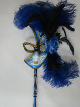 Full Face Mask with Side Flowers and Feathers with Detachable Stick- Gold Accents