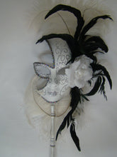 Full Face Mask with Side Flowers and Feathers with Detachable Stick- Silver Accents