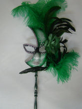 Full Face Mask with Side Flowers and Feathers with Detachable Stick- Silver Accents