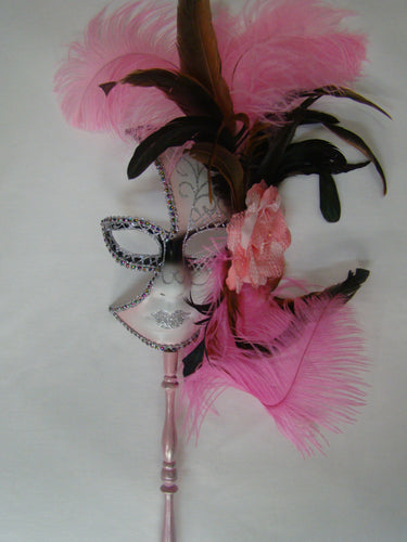 Full Face Mask with Side Flowers and Feathers with Detachable Stick- Silver Accents