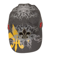 Adult Gray Fleur de Lis Cap with Fleur de Lis Embroidered on the Front and Sides With a Larger Fleur de Lis and Scroll Design