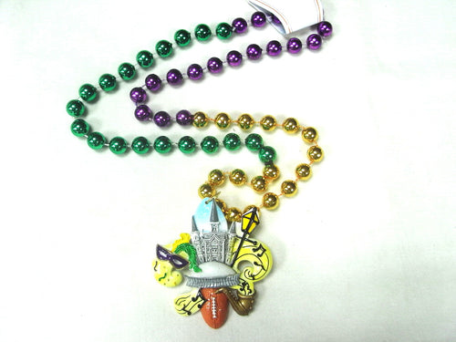 Cathedral, Superdome, NOLA Symbols on a Fleur De Lis Medallion on a Purple Green Gold Specialty Bead