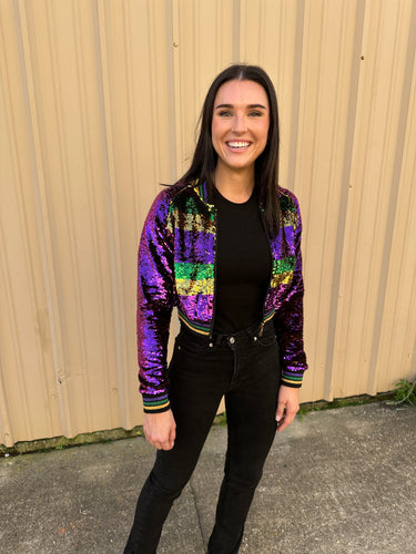 Sequin Jacket Purple, Green, and Gold Cropped Adult Striped